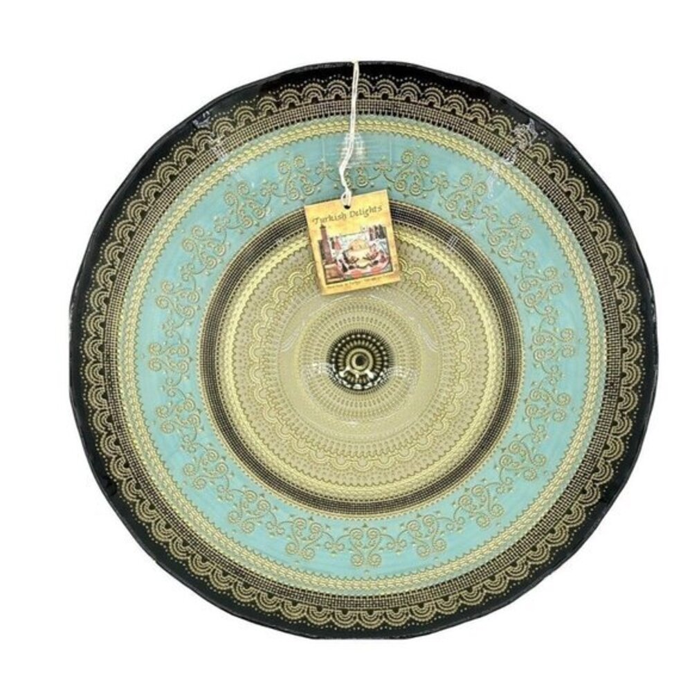 Turkish Delights Glass Bowl Serving Salad Dinner Blue Gold Handmade 11.75” NWT